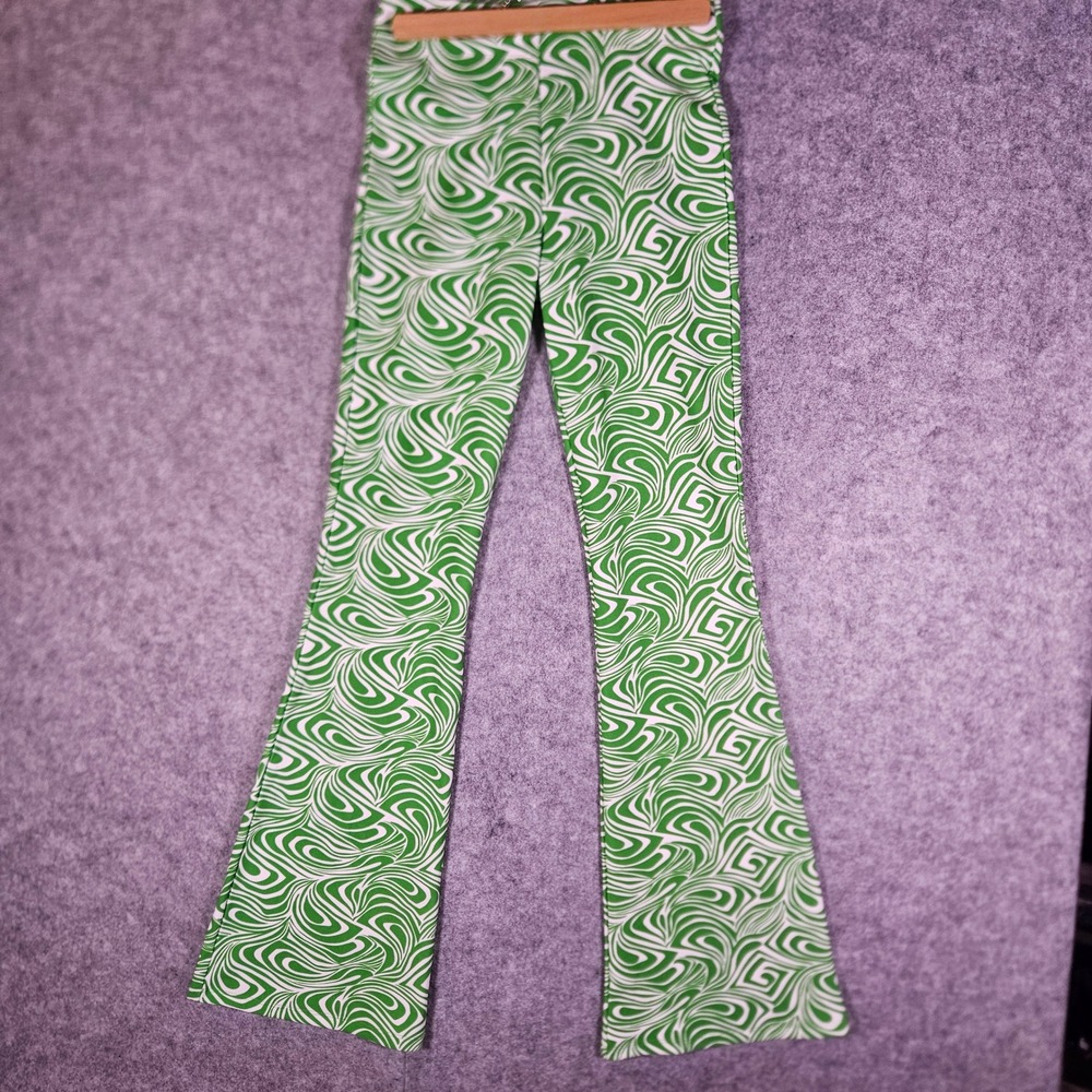 Garage Womens Green Swirl Flare Pants Skater EMO Rave Psychedelic Sz XS READ